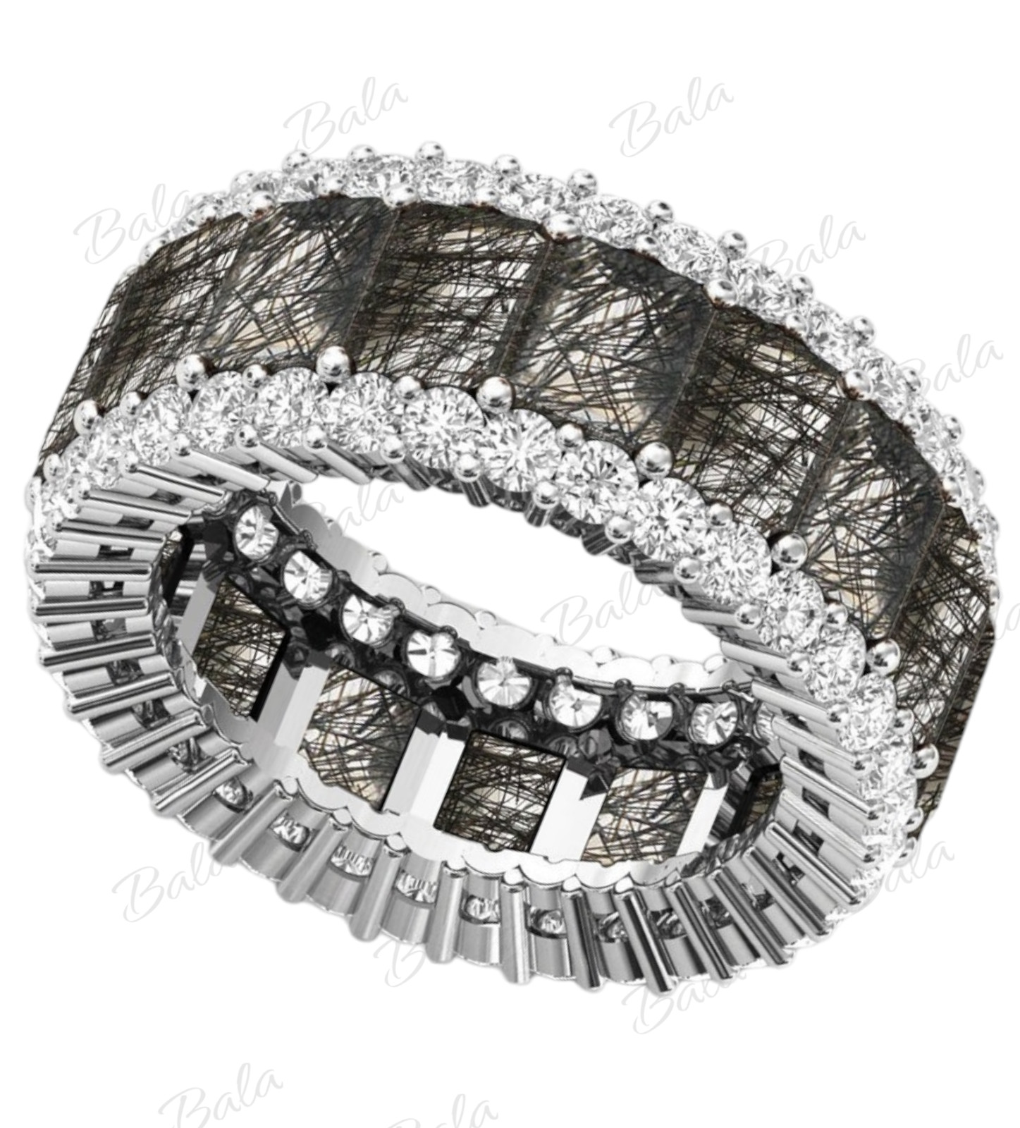 Black Rutilated Quartz Style Ring Silver Natural Eternity Women’s Statement Band