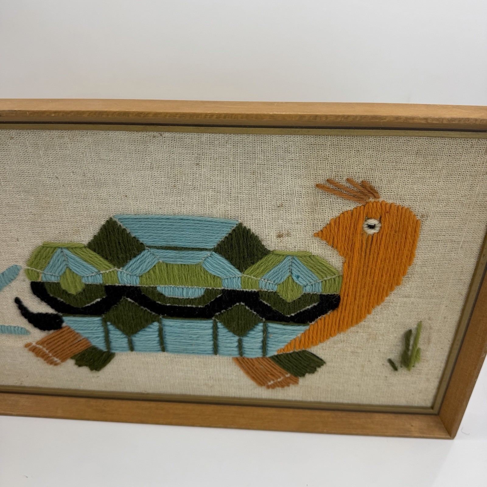 Vtg Framed Crewel Embroidery Wall Folk Art Tortoise & Hare Mid Century MCM Boho