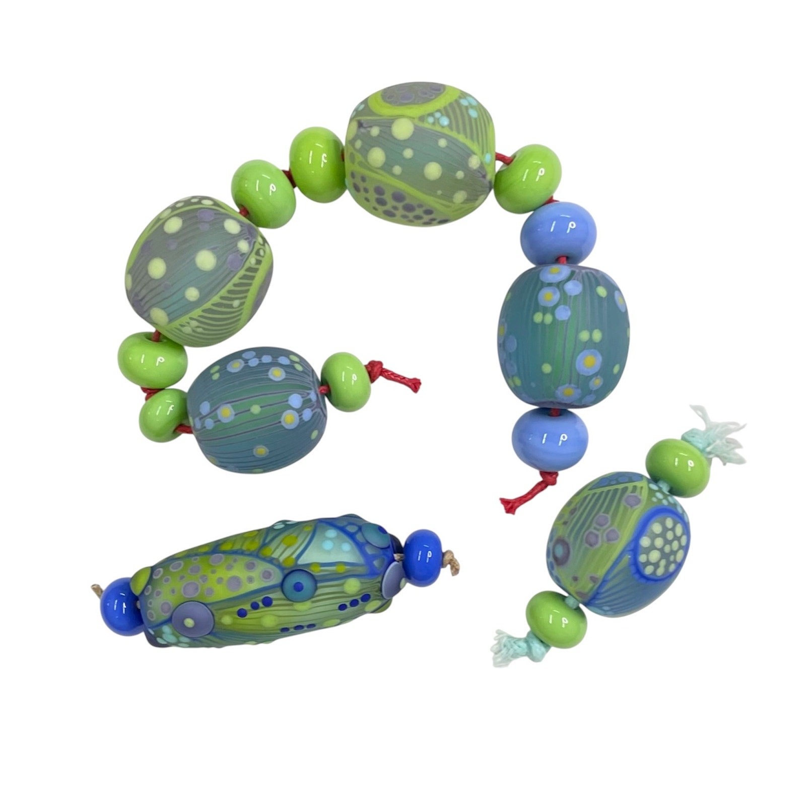 Handmade Lampwork Green Blue Abstract Etched Matte Glass Bead Set-Jewelry Making