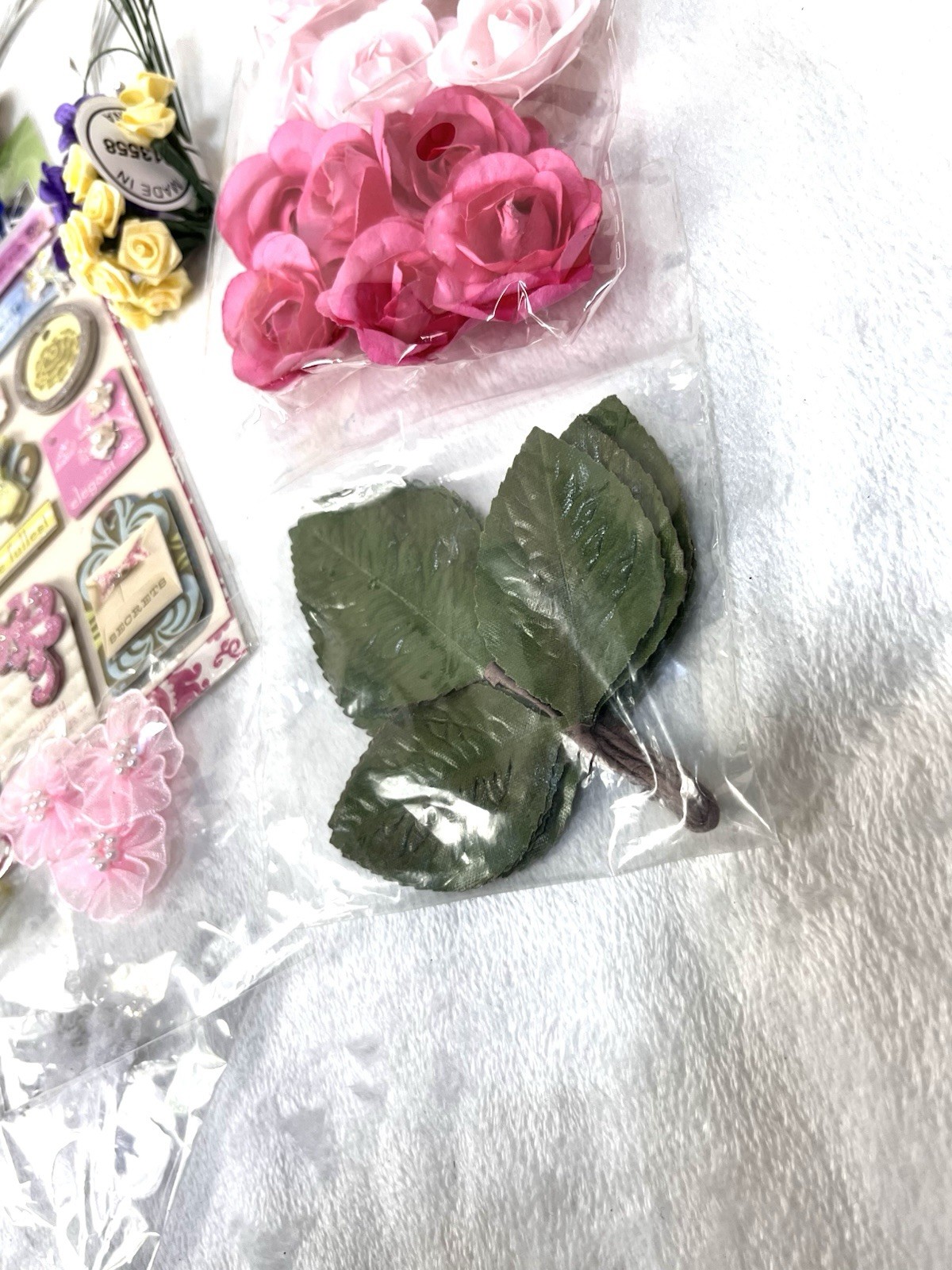 Craft Lot Floral Embellishments Roses Leaves Lace Scrapbooking Cardmaking Mixed