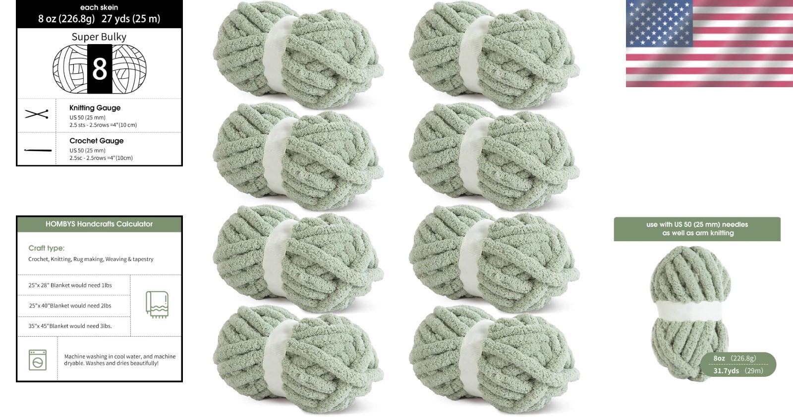 Soft Plush Sage Green Chenille Yarn – 8 oz Skeins for Easy Crafting and Knitting