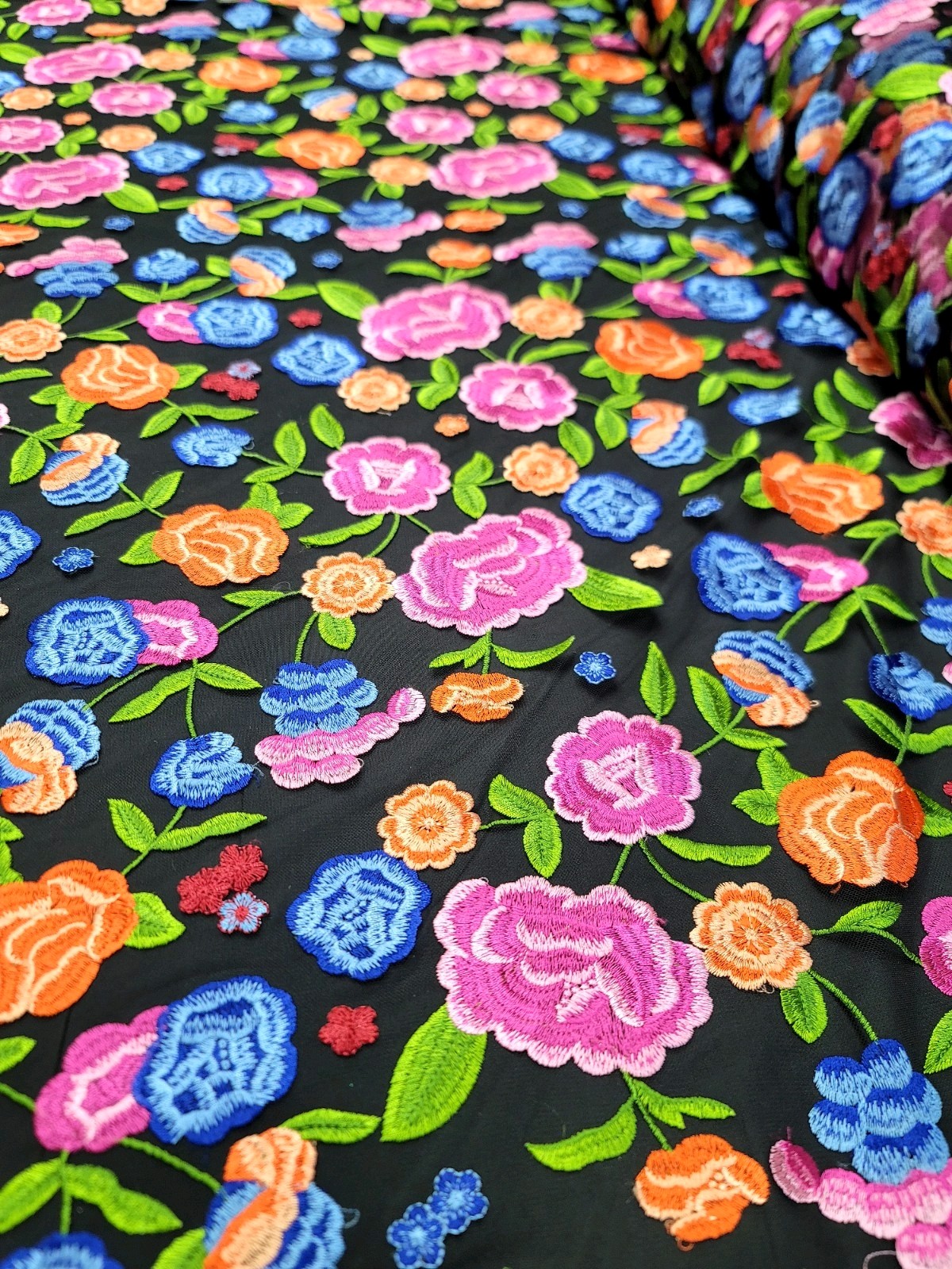 Lace Multicolor Embroidery Orange Fuchsia Floral Fabric By The Yard Black Mesh
