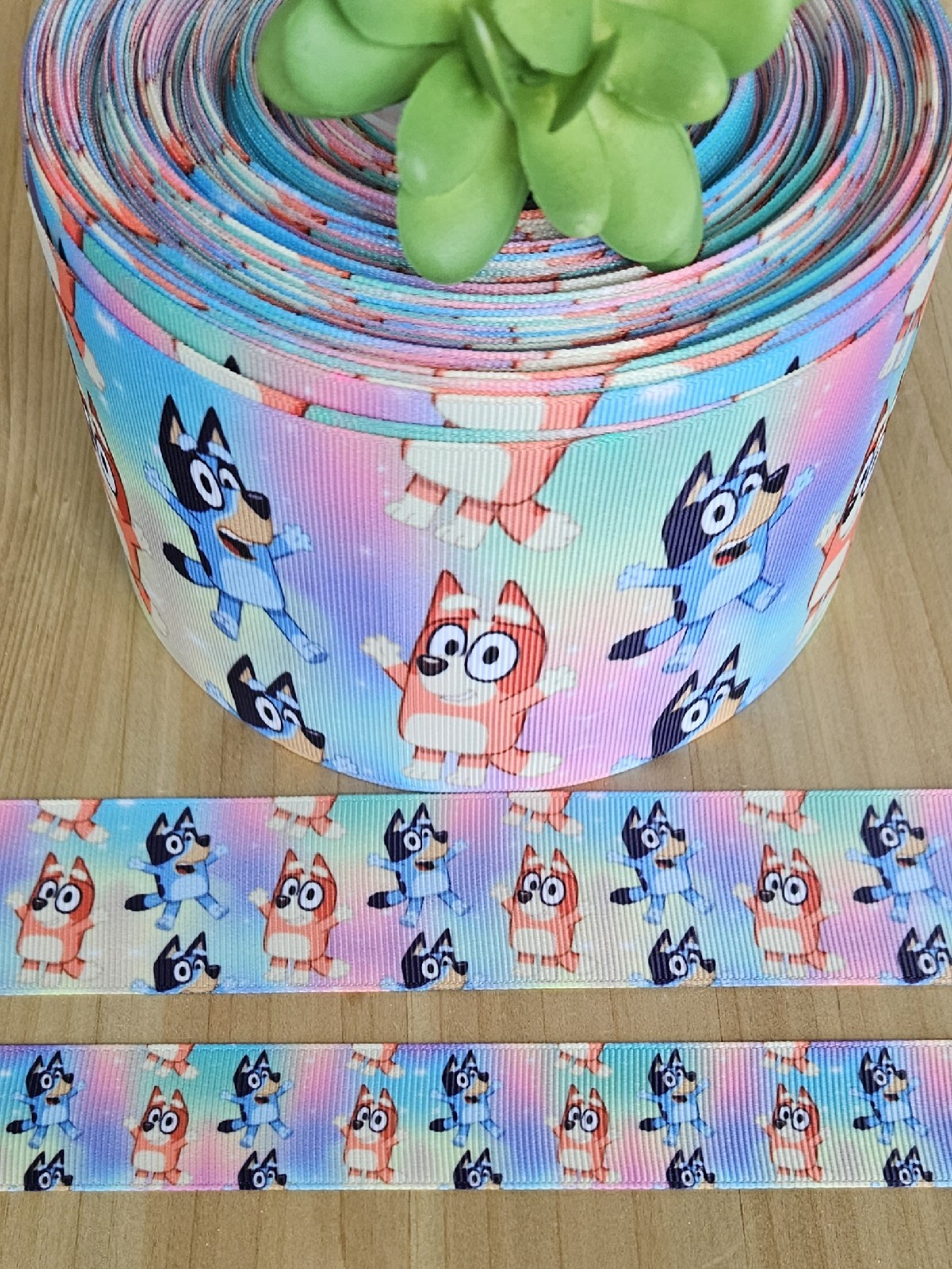 7/8, 1, 1.5 & 3″ (1 YD) Bluey Grosgrain Ribbon Blue Dog Rainbow