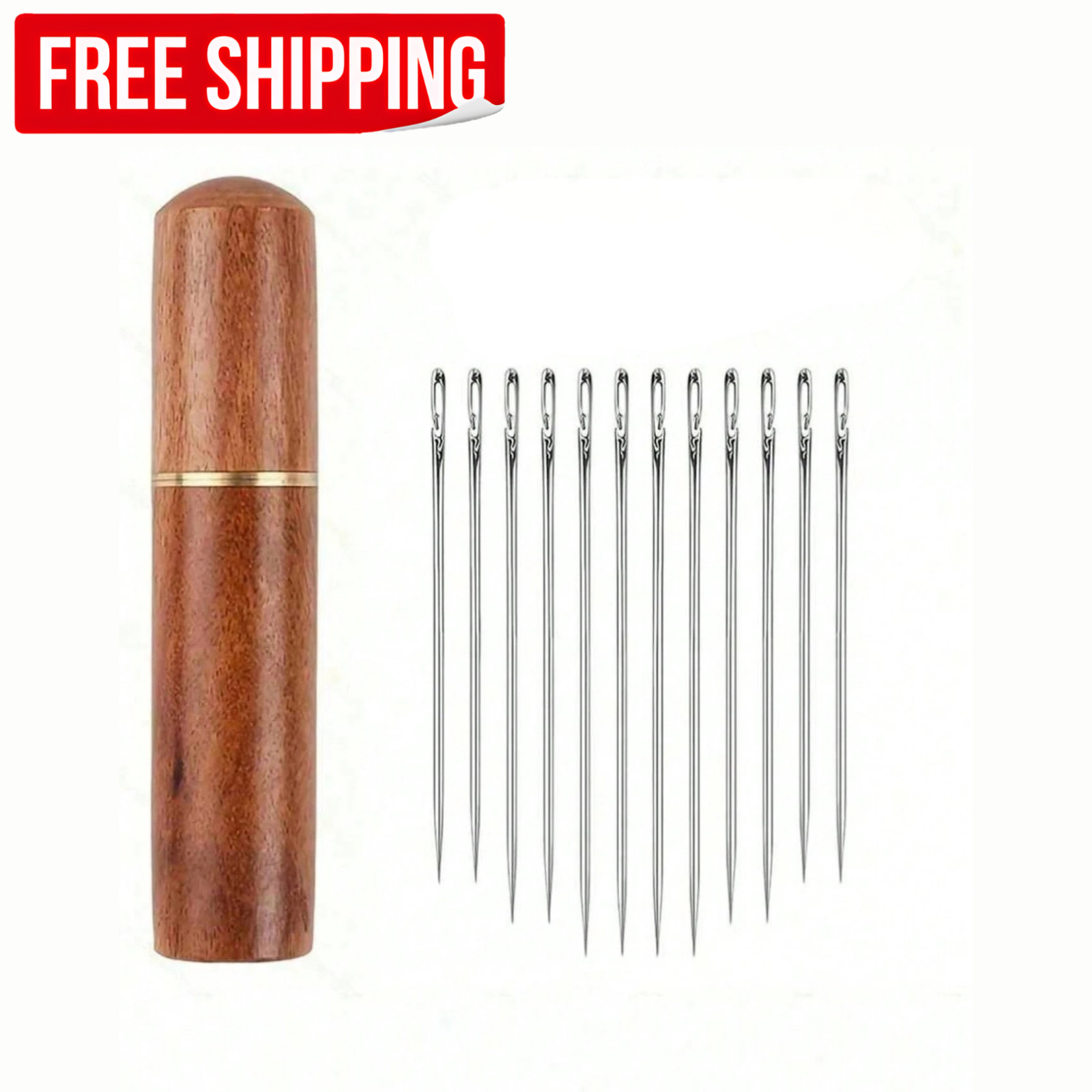 12Pcs Self Threading Sewing Needles Side Eye Needles with Wooden Storage Box US
