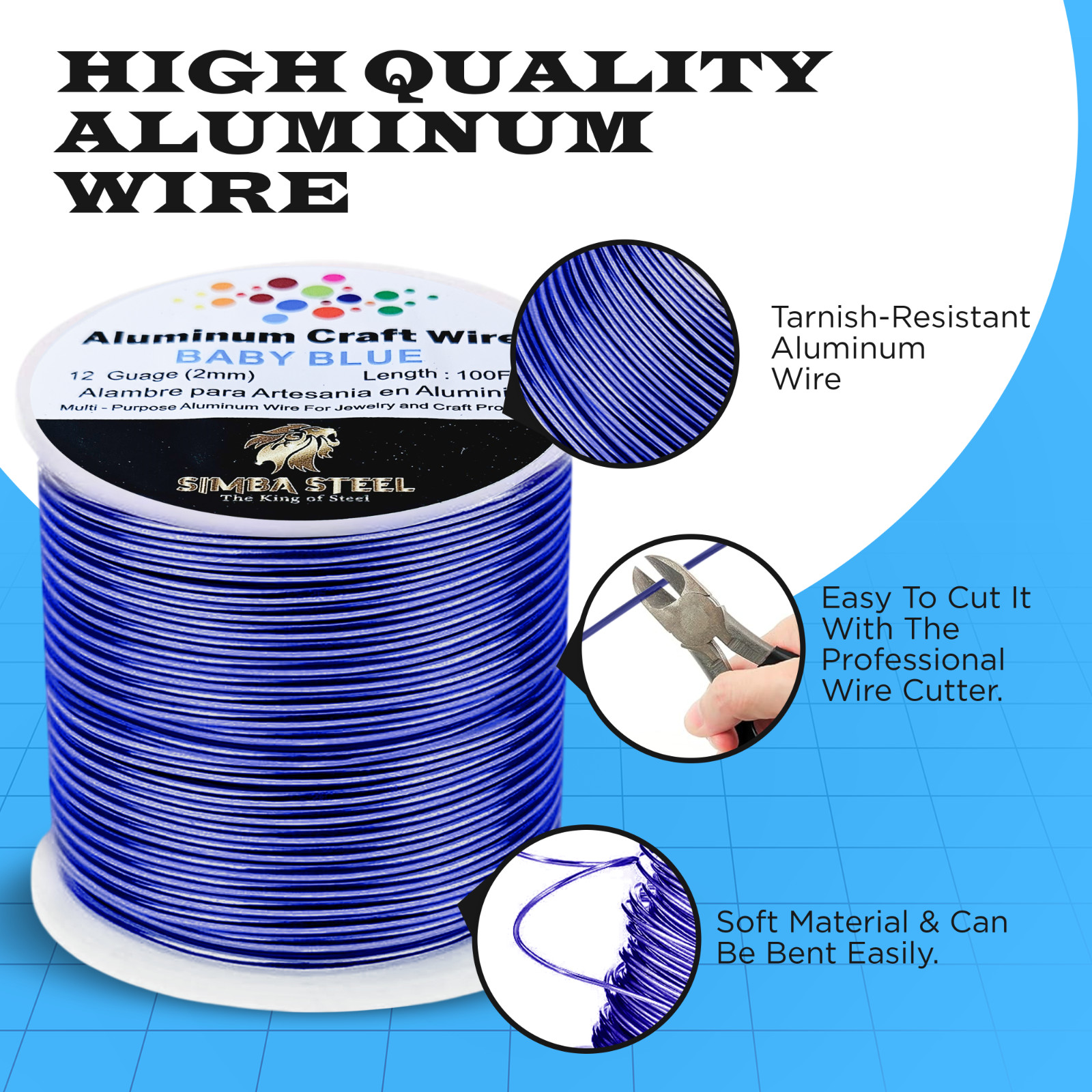 Blue Aluminum Wire 12 Ga x 100 FT 2.0mm Jewelry Wrapping Craft Wire Soft Round