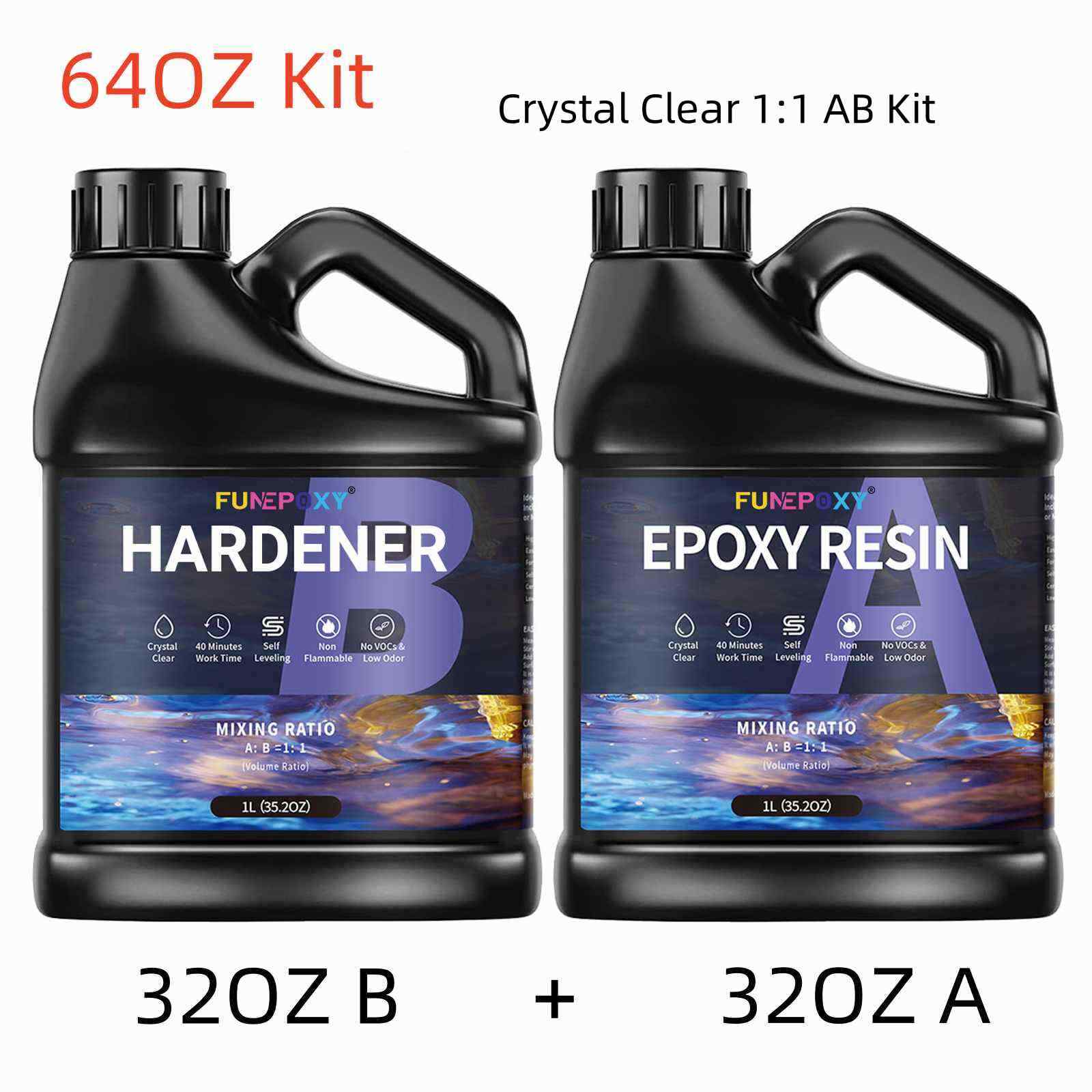 Crystal Clear Epoxy Resin 2L/64oz Kit – Self-Leveling – Fast Cure 1:1 AB 2 Part