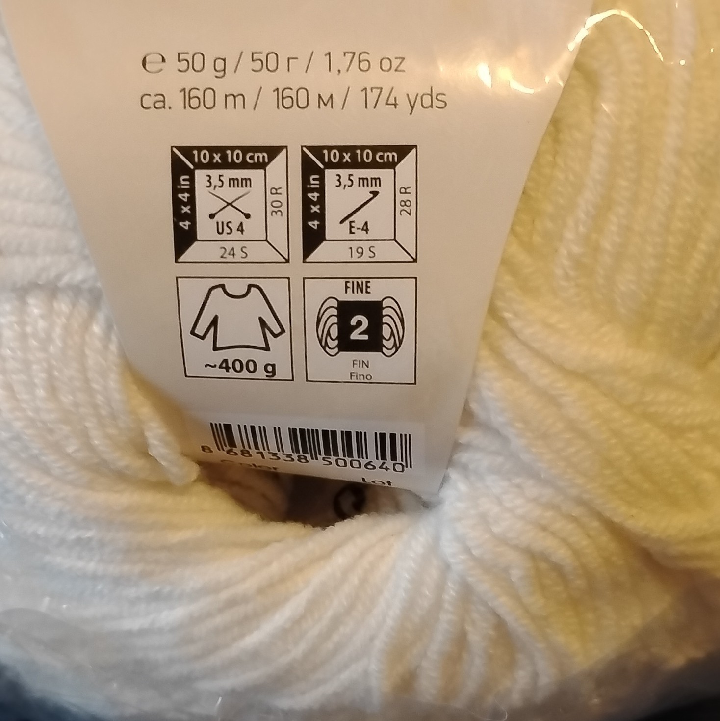 YarnArt Jeans White Yarn Lot of 4 Balls 50g 160m Cotton/Acrylic Sport