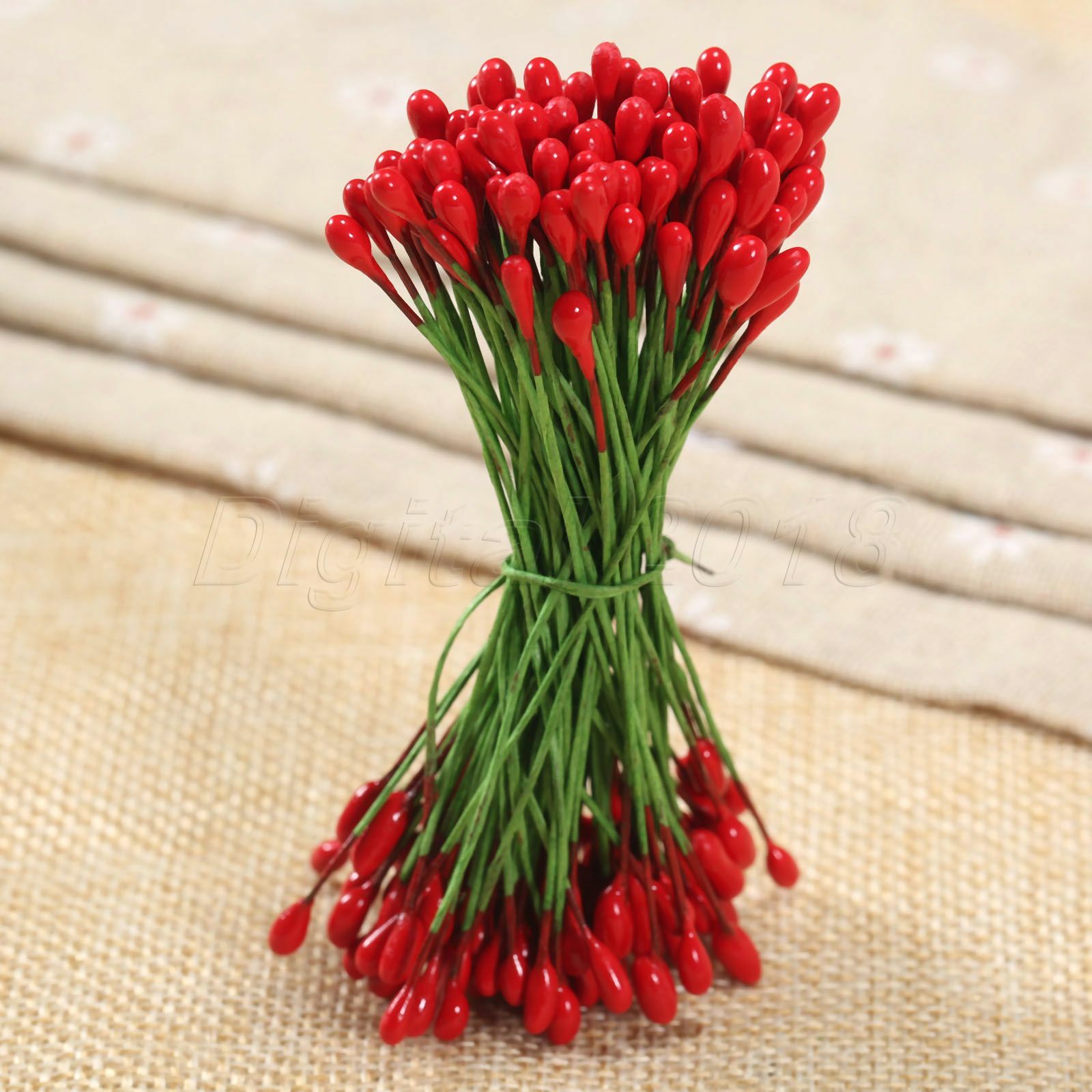 Approx 100Pcs Artificial Red Double Sided Round Flower Stamen Wire Wrapped Craft