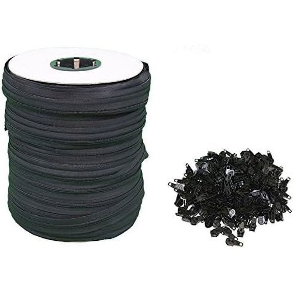 Black #5 Nylon Zipper 250 Yards [750 Ft] Roll – Includes 250 Zipper Heads