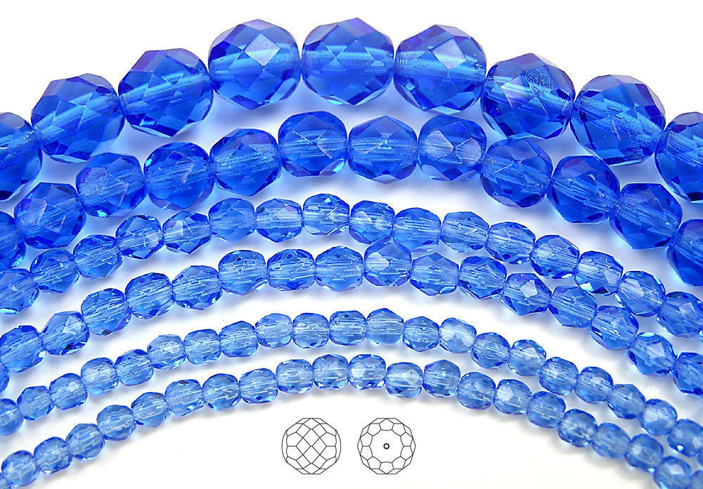 Czech Fire Polished Round Faceted Glass Beads in Sapphire blue, 3,4,6,8,10,12mm