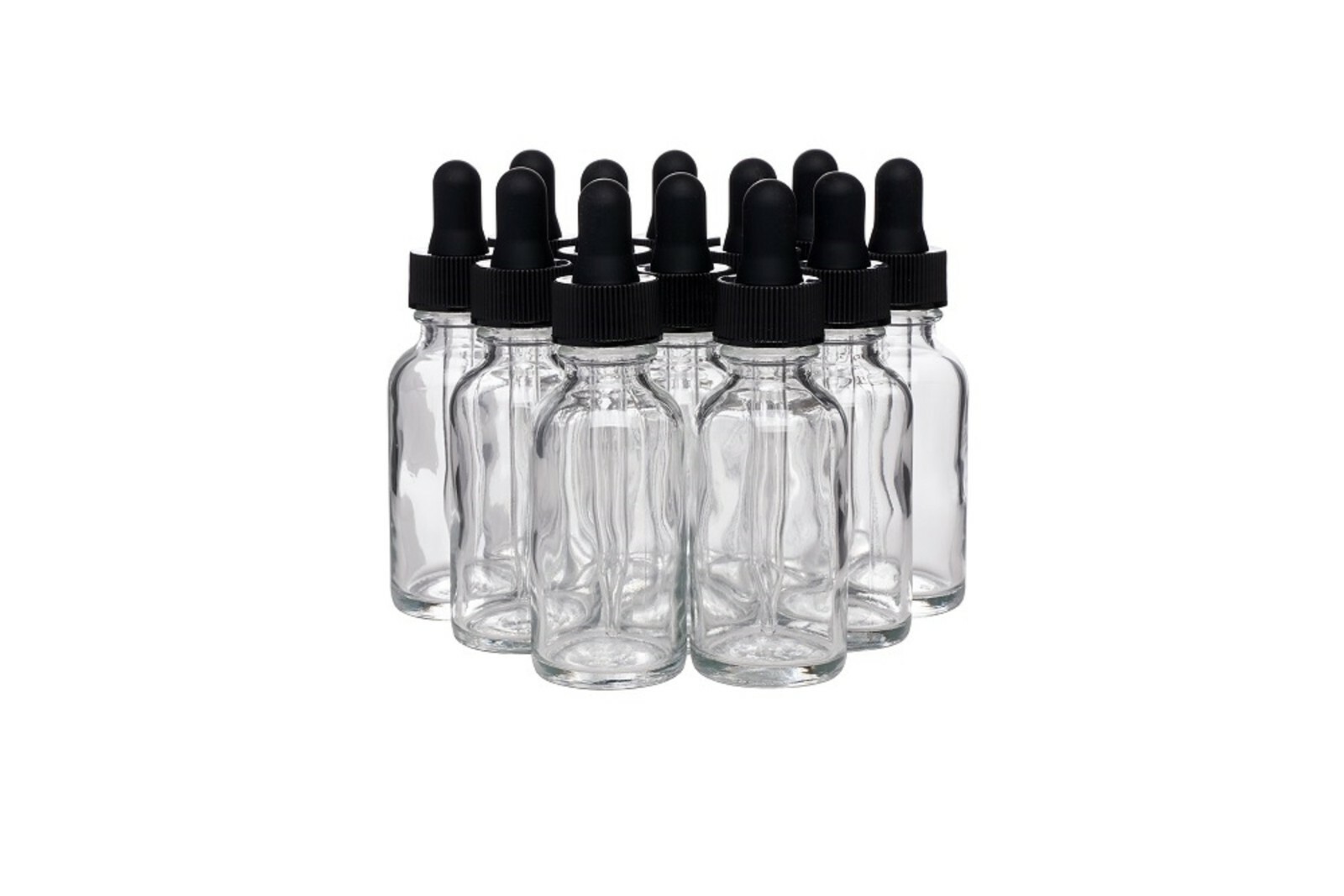 Clear Boston Round Glass bottles Black Dropper Cap 1 oz / 30 ml 12 Pack