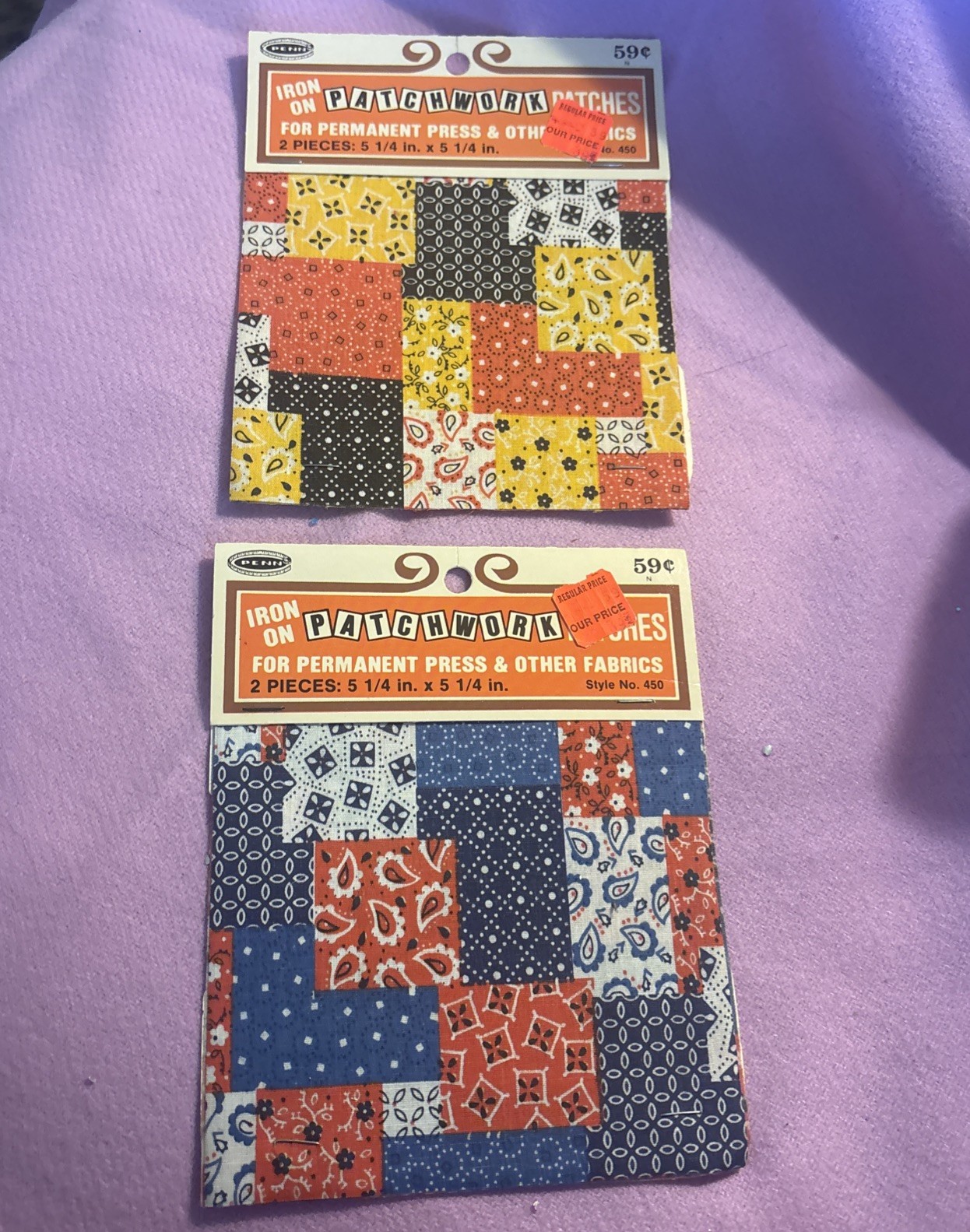 Vintage 70s Iron On Sewing Patch for Repair Patchwork Pattern 4 pc 5.25″ x 5.25″