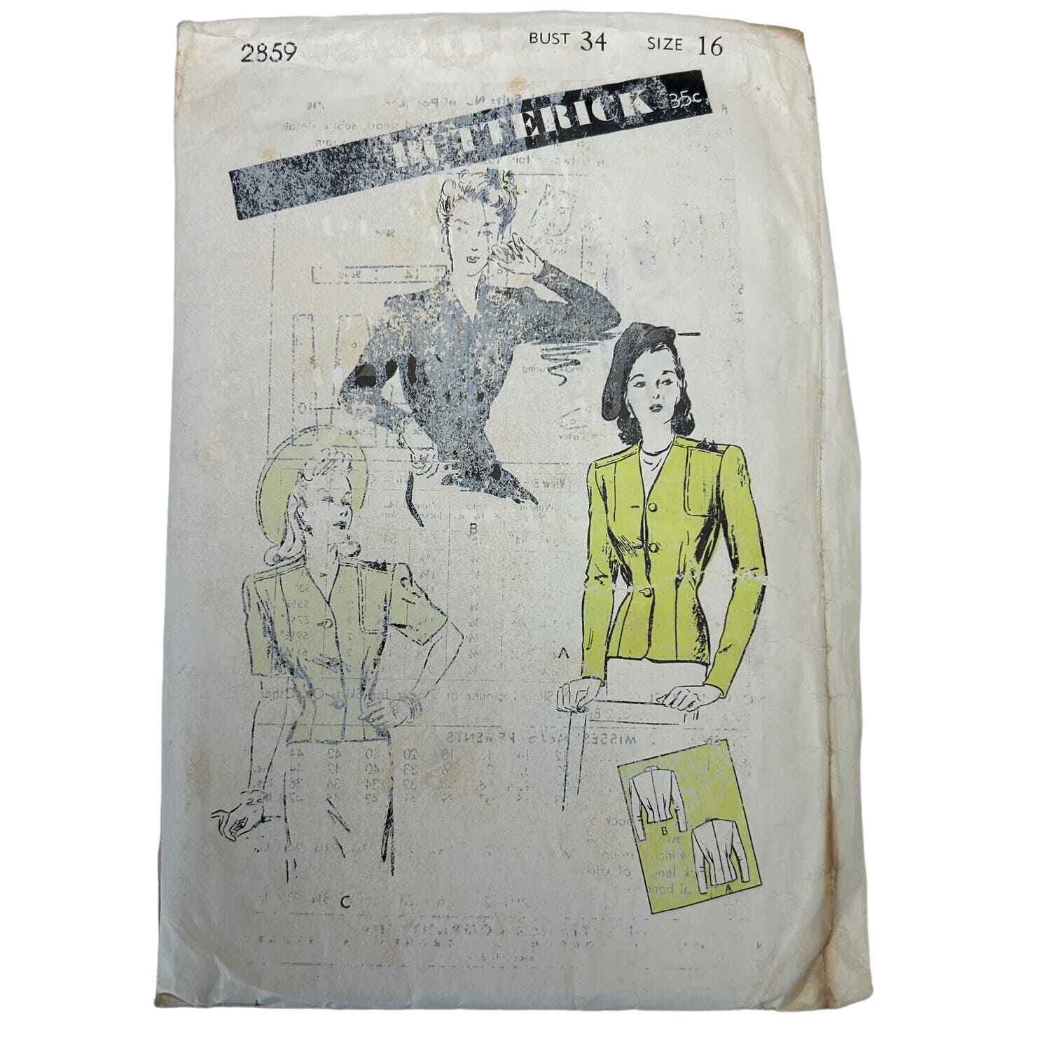 Butterick Vintage 1940’s or 50’s Pattern #2859 Women’s Jackets 2 Lengths Size 16