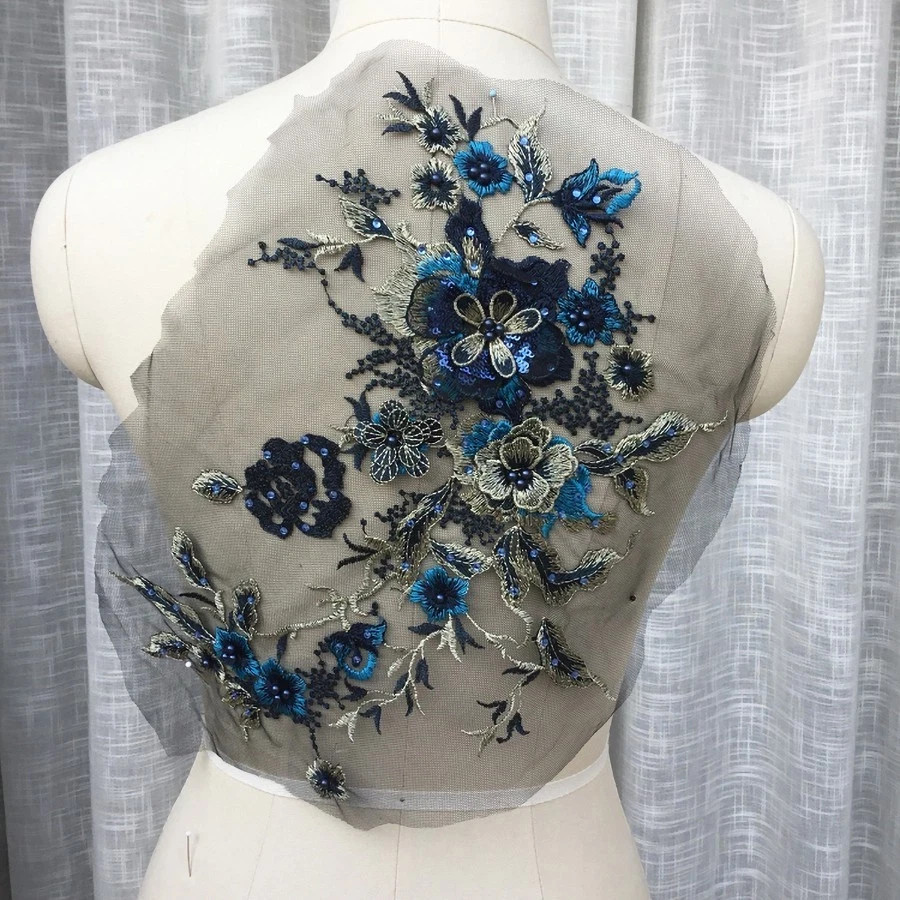 3D Flowers Beaded Lace Fabrics Applique Embroidery Sewing On Patches