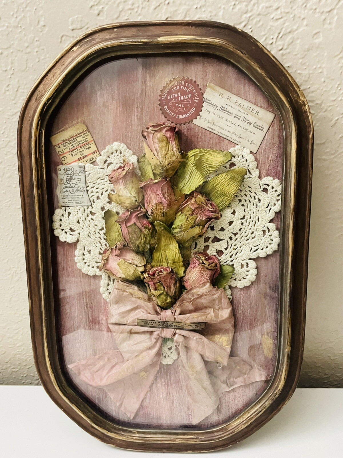 Old World Antique Curb Glass Antique Frame Faux Rose Bouquet Handmade CL
