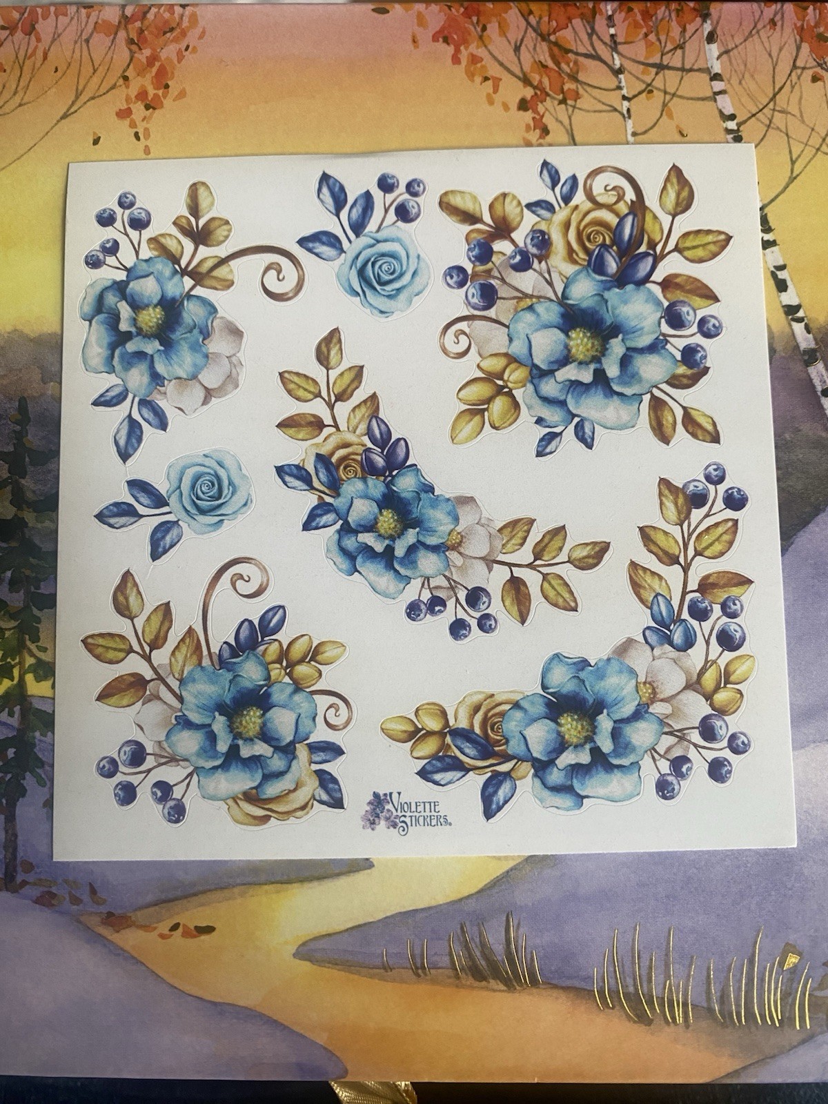 Violette Stickers Small Sticker Sheet Blue Floral Corner Stickers Glossy