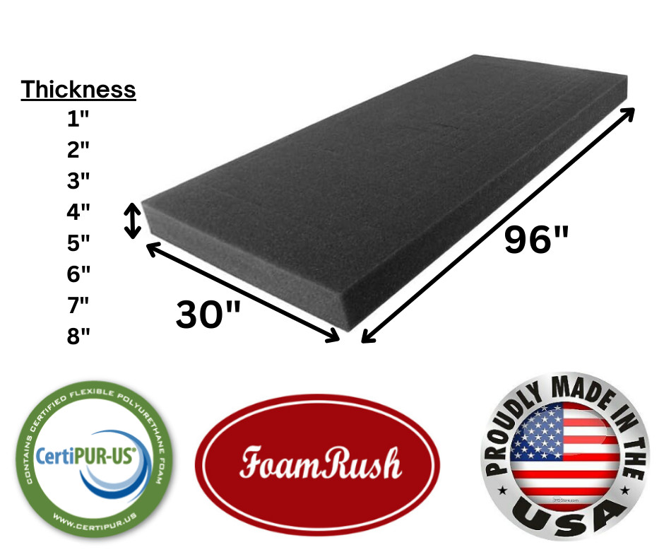 FoamRush 30″ x 96″ Charcoal High Density Upholstery Foam Cushion Medium Firm USA