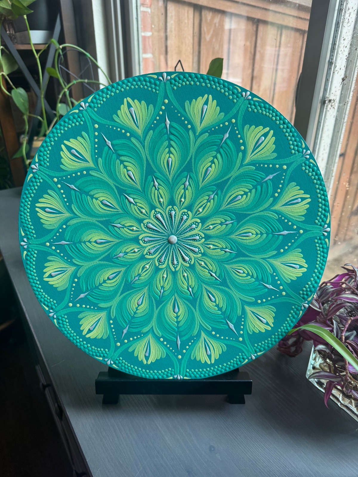 Handmade 14″ Mandala Dot Art Round Wood Sign Green Silver Painting Zen Nature