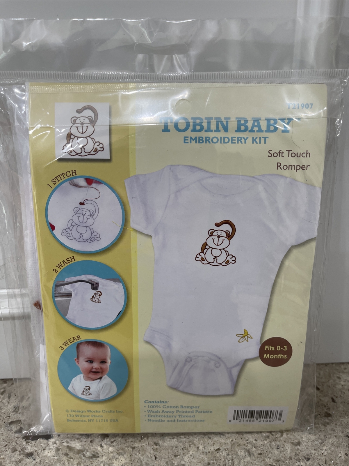 Tobin Baby Embroidery Kit MONKEY Soft Touch Romper 0-3 months T21907 New