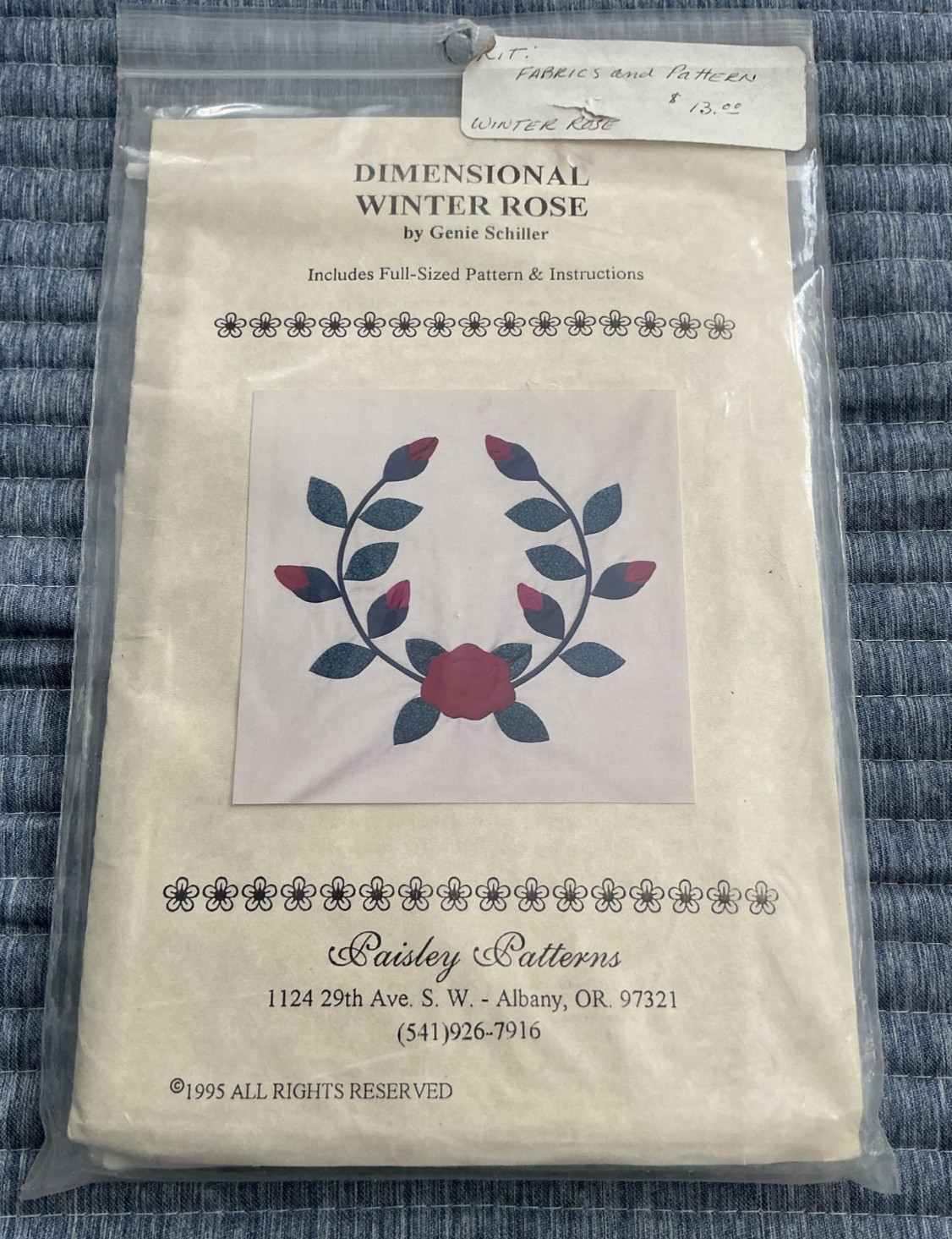 Quilt Block Kit Dimensional Winter Rose Pattern Fabric And Instructions