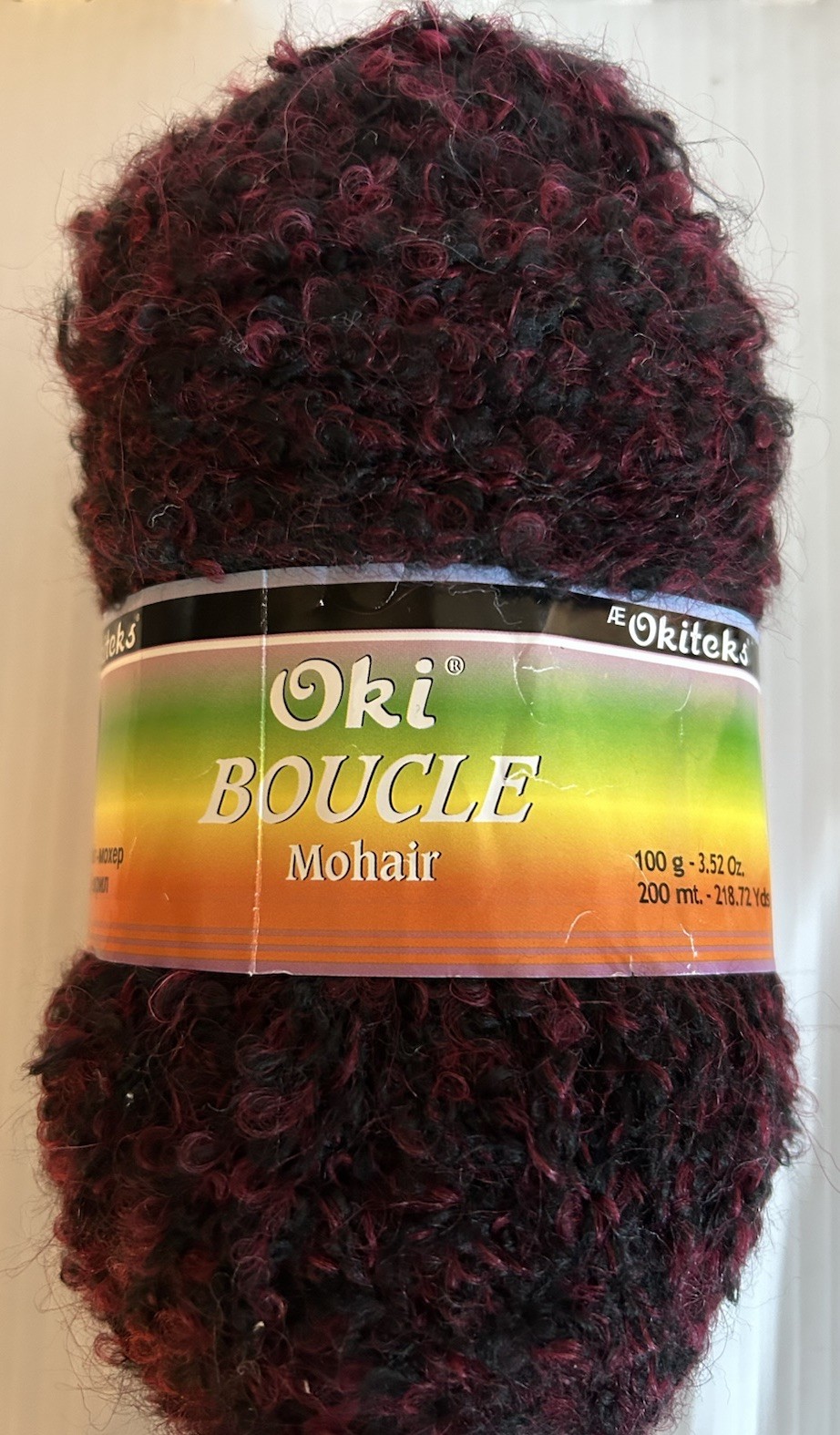 OKITEKS BOUCLE MOHAIR YARN, COLOR #7122, BLACK &PLUM… REDUCED