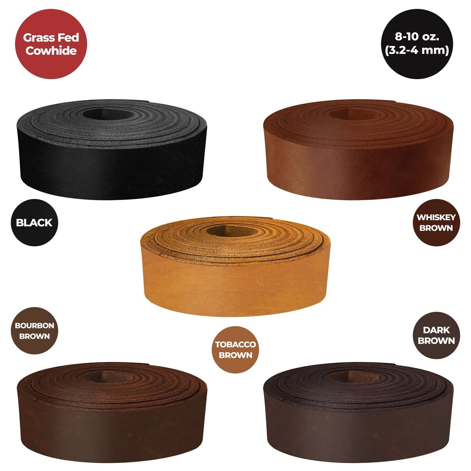 ELW 8-10 oz. (3-4mm) Straps Belts Strips Full Grain Leather Grass Fed Cowhide