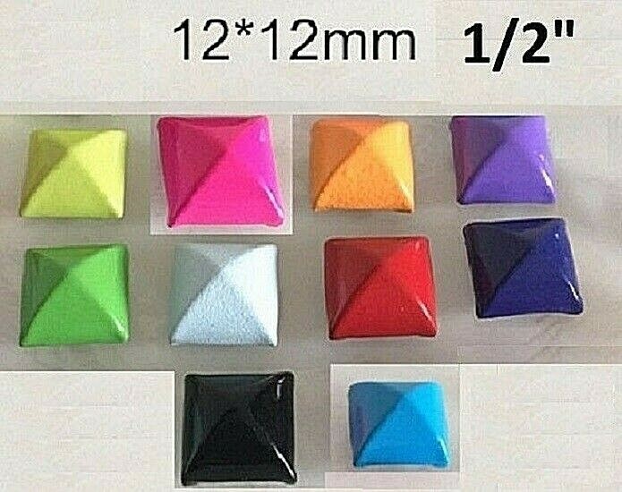 Pkg 100 MIXED COLORS Metal 2-Spike 1/2″ (12mm) PYRAMID Studs (1080) 6mm spikes