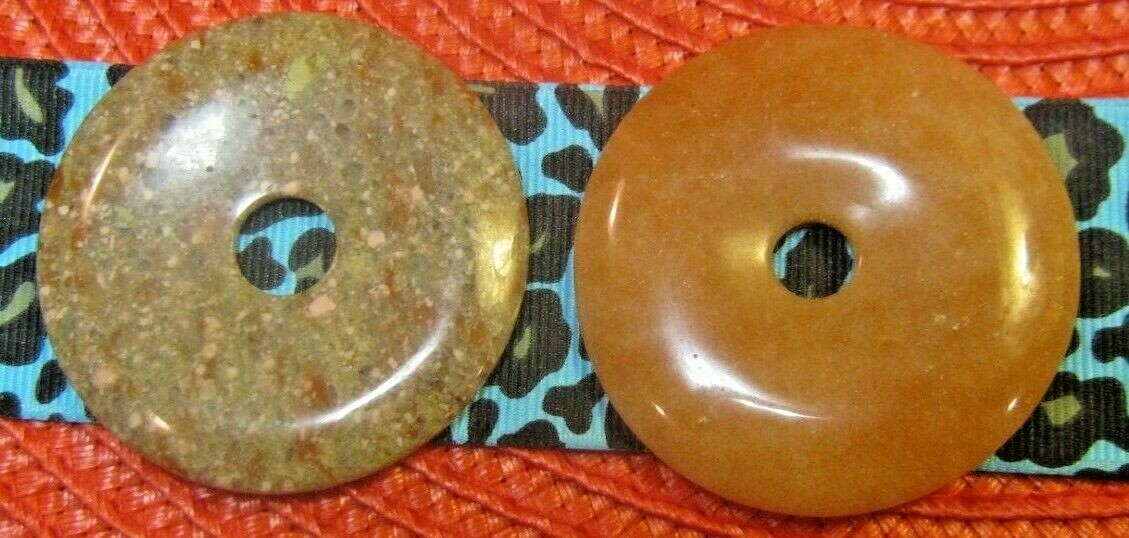 LOT OF 2 PCS.~LGE 50 mm~ ASSORTED GEMSTONES DONUT PENDANTS~219 CTS~NEW OLD STOCK
