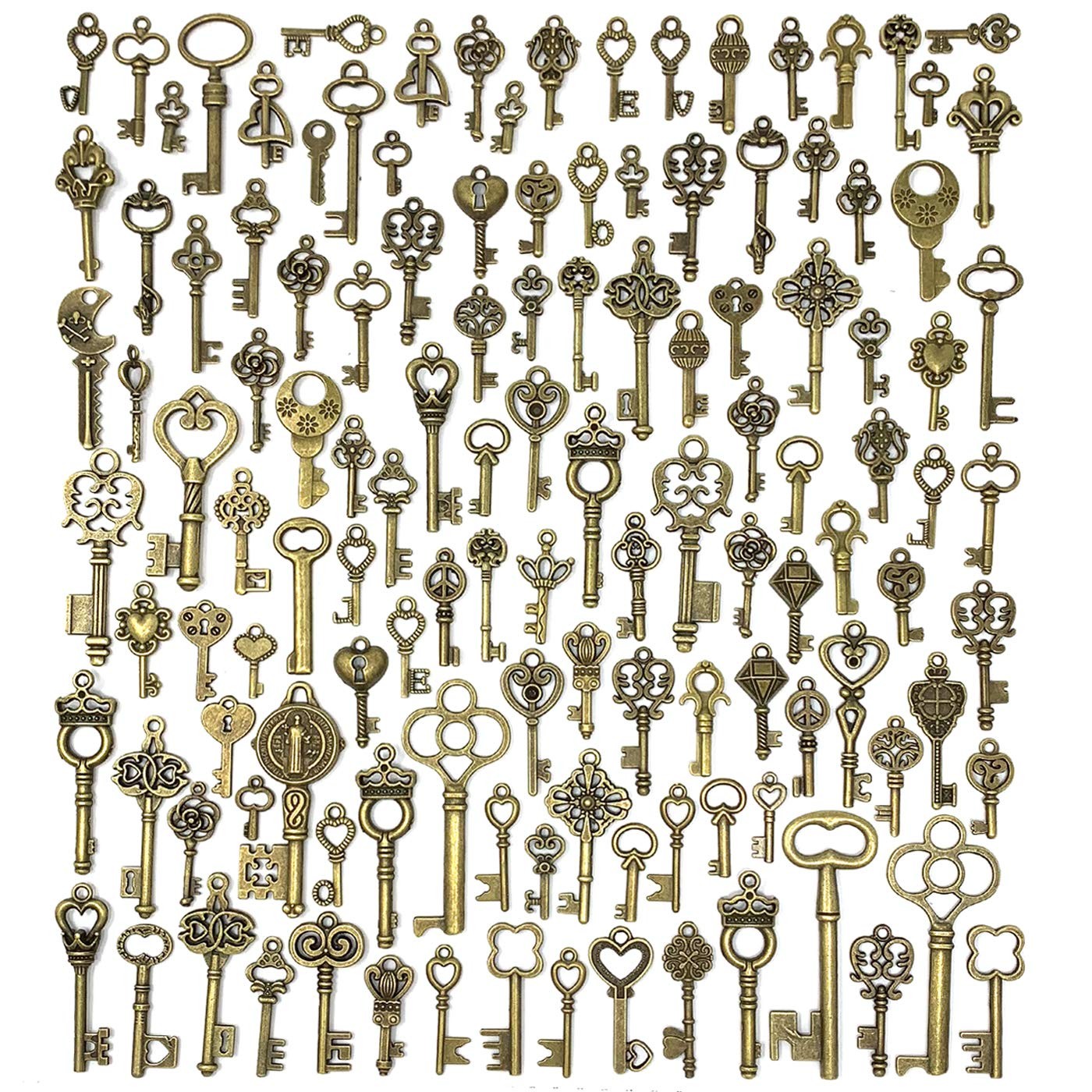 125 PCS Vintage Skeleton Key Set Charms, 0.55″ – 2.25″ (14 – 58 mm), Bronze