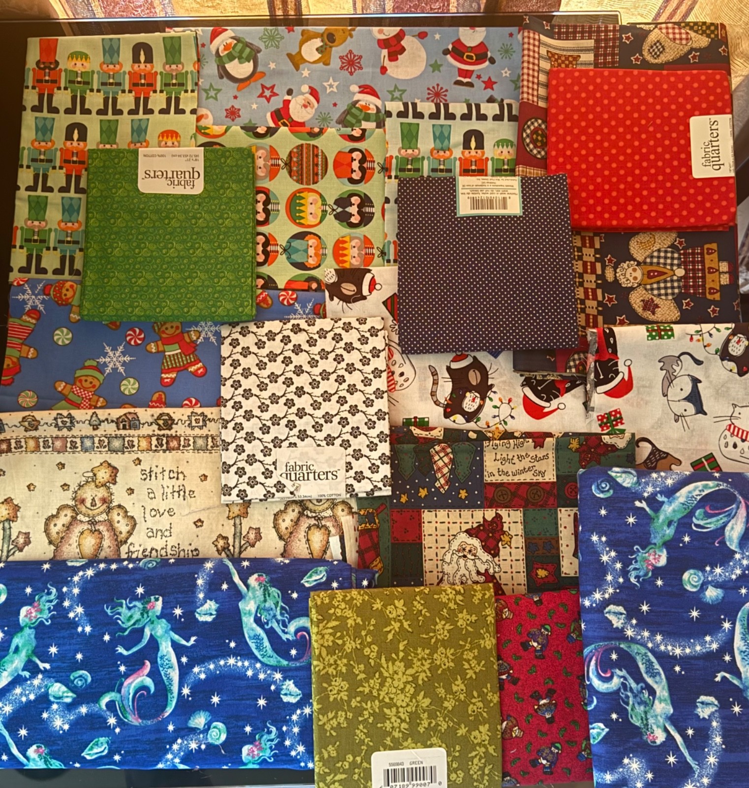NEW 18 pieces of Quilting Cotton fabric size varies from 18″x14″ to 1 yard x 44″