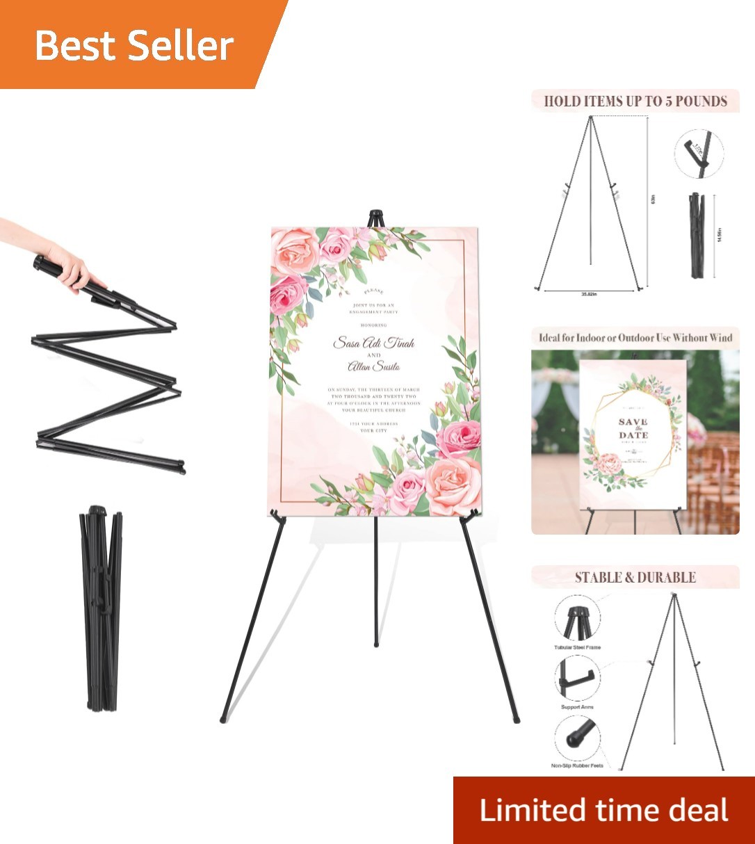 Portable 63” Black Metal Easel – Adjustable Height Display for Wedding Signs