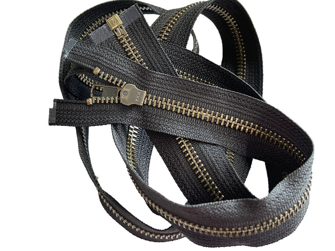 Medium Weight Jacket Zipper YKK #5 Antique Brass Separating Black, White 6″- 48″