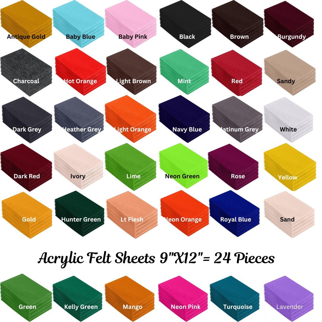 FabricLA | Acrylic Felt Fabric Pre Cut 9X12 Inch Square Sheets | 24 Pieces