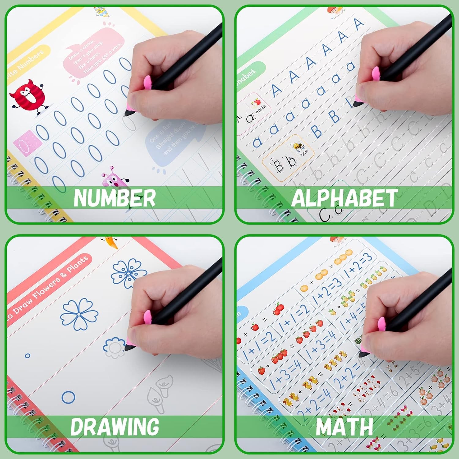4 Magic Grooved Writing Practice for Kids Ages 3-8, Reusable Grooved Handwriting