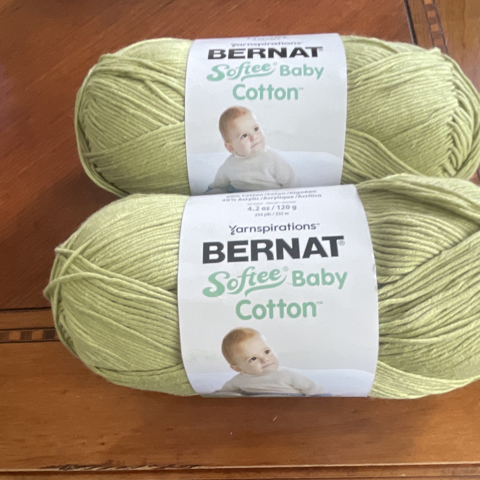 Bernat Softee Baby Cotton moss Green DK Light Worsted Yarn Lot of 2 Skeins #3wt