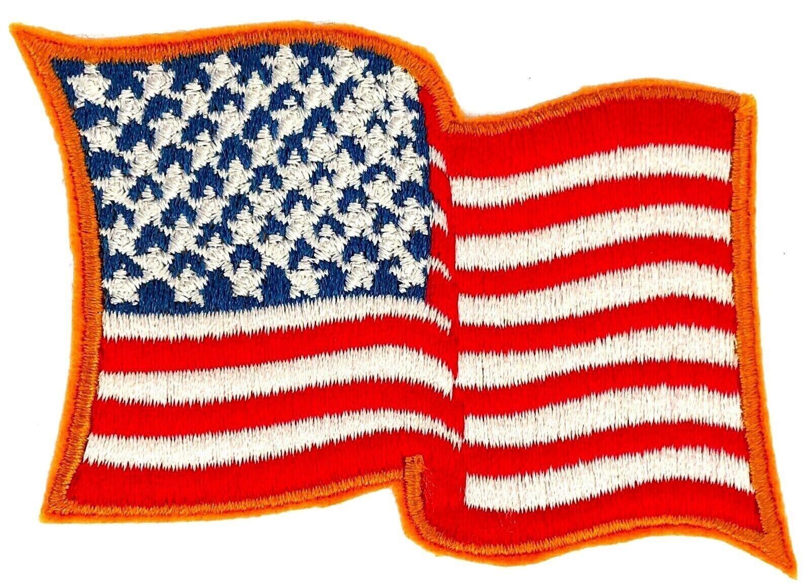USA AMERICAN FLAG EMBROIDERED PATCH WAVING WAVY IRON-ON SEW-ON GOLD BORDER