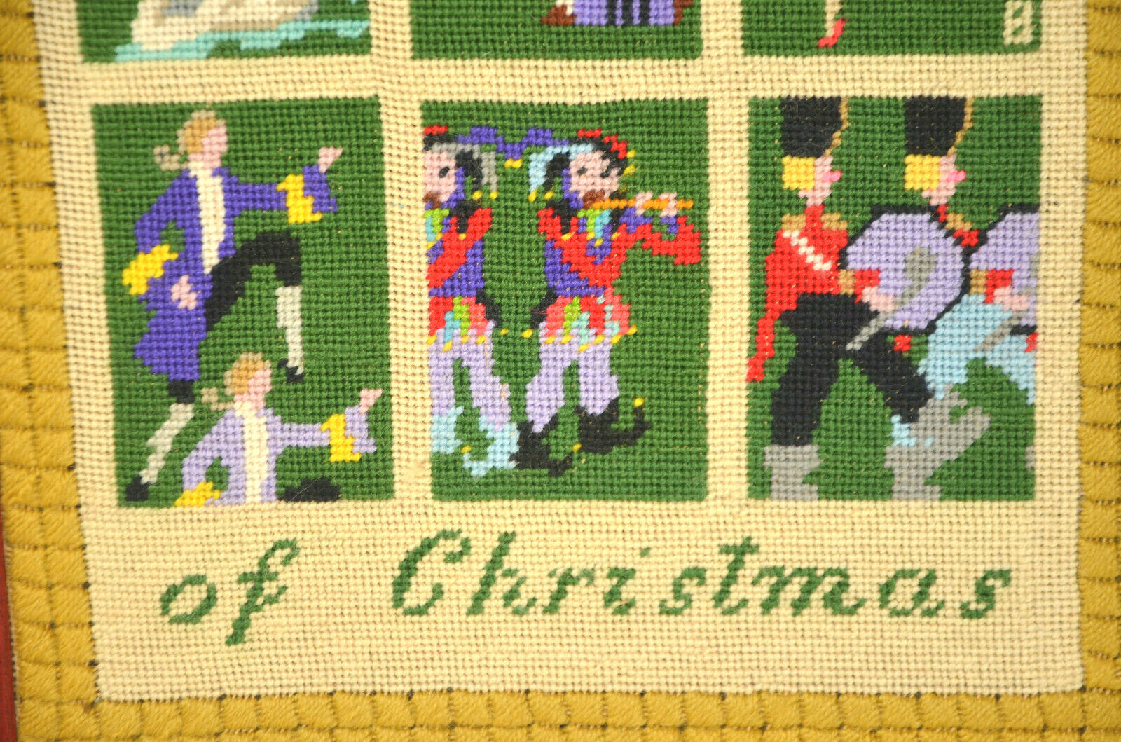 12 Days of Christmas Needlepoint Embroidery Art Frame LARGE 27×14 Vtg Crewelwork