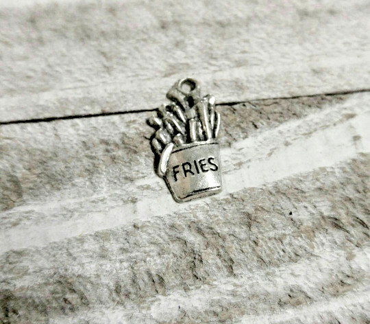 2 French Fries Charms Antiqued Silver Fast Food Pendants Lot Unique Findings