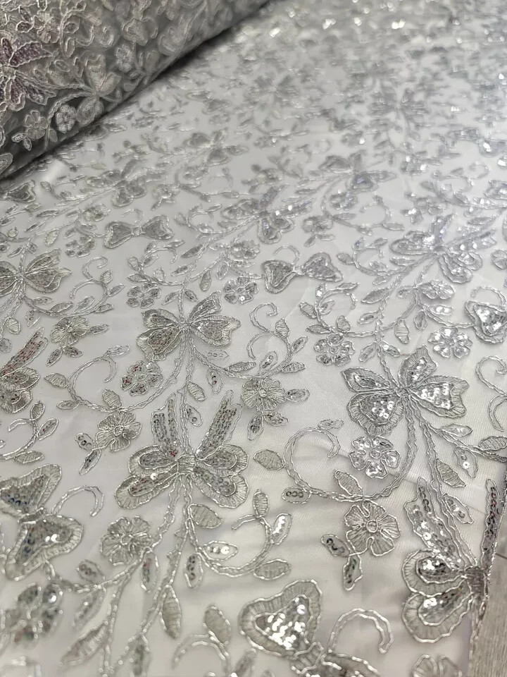 “Silver Sequin and Butterfly Embroidered Lace Fabric – Sold by the Yard