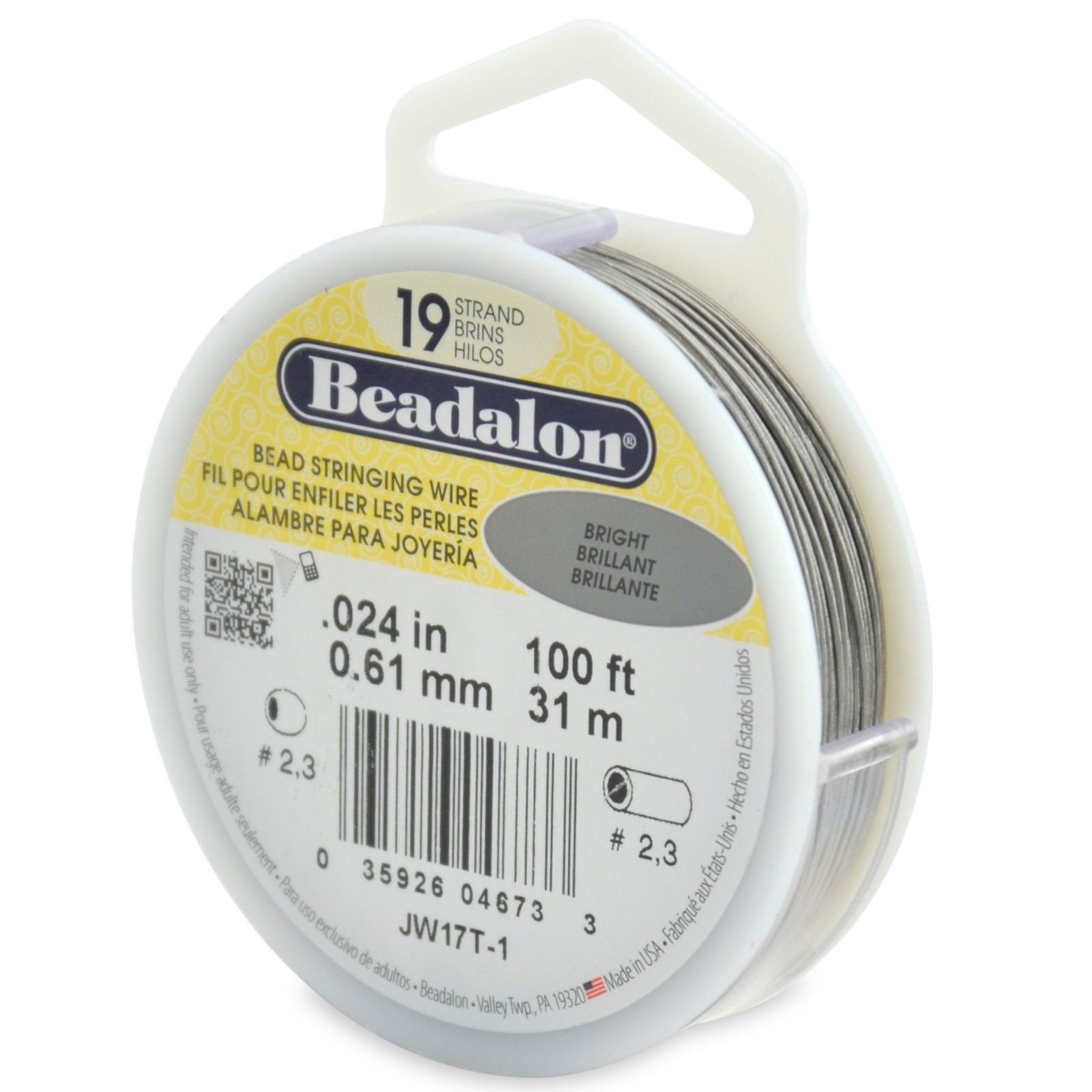 19 Strand Stainless Steel Bead Stringing Wire, .024 in / 0.61 mm, Bright, 100…