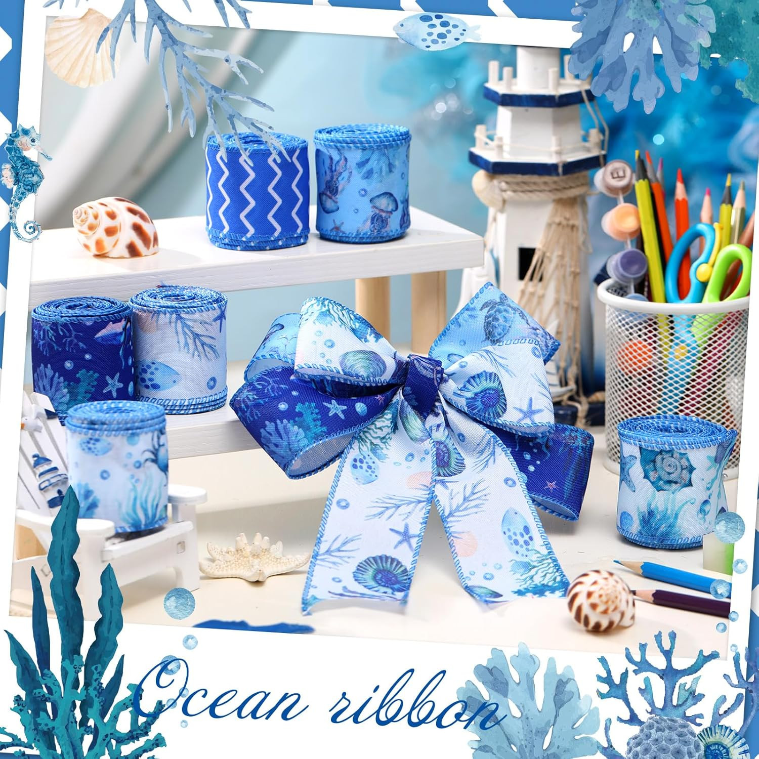 10 Rolls Summer Sea Animals Ribbons 6 Rolls 2.5″ X 5 Yards Ocean Wired Edge Fabr