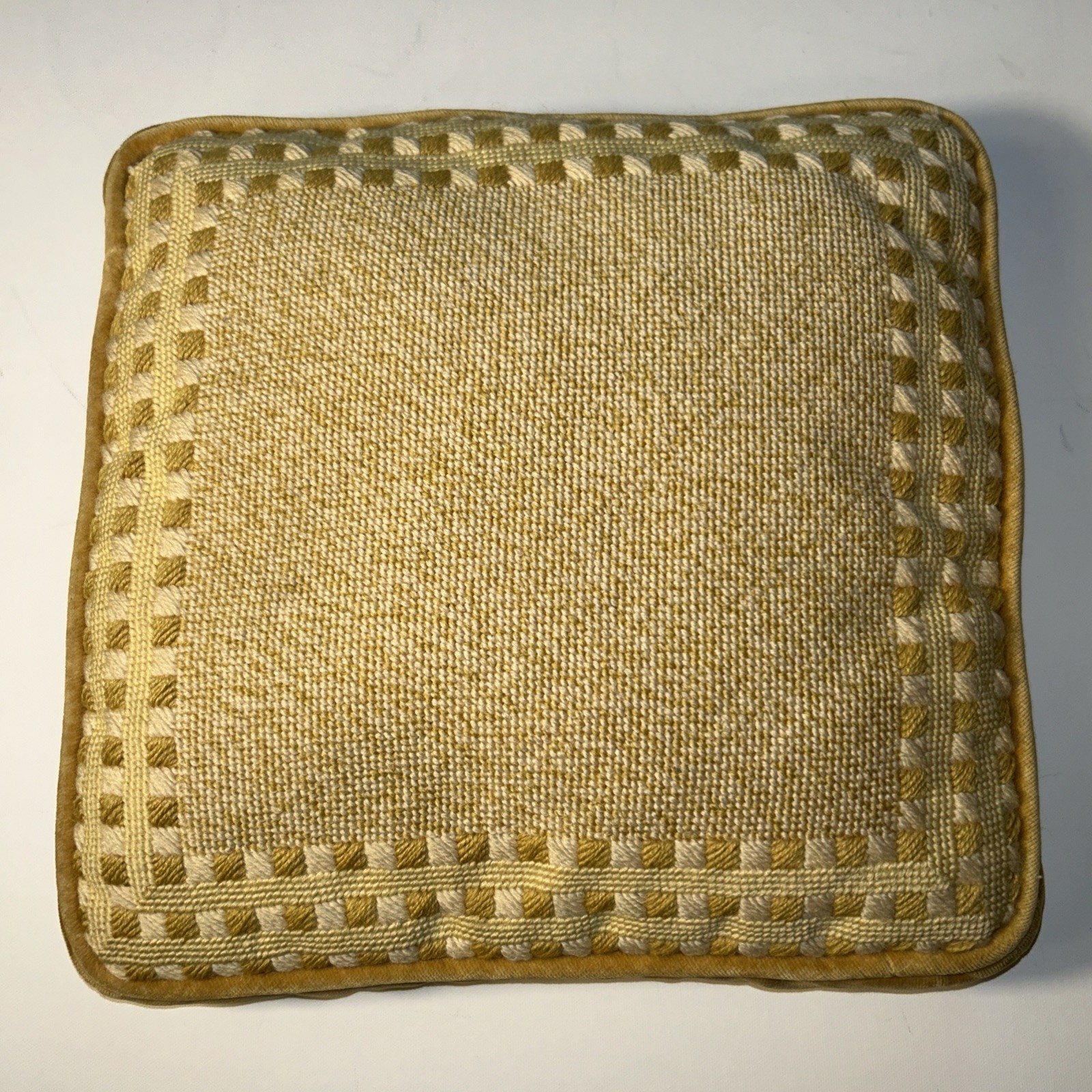 Vtg Mustard Yellow Needlepoint Pillow 13″ x 13″ Square Velvet Backed Handmade