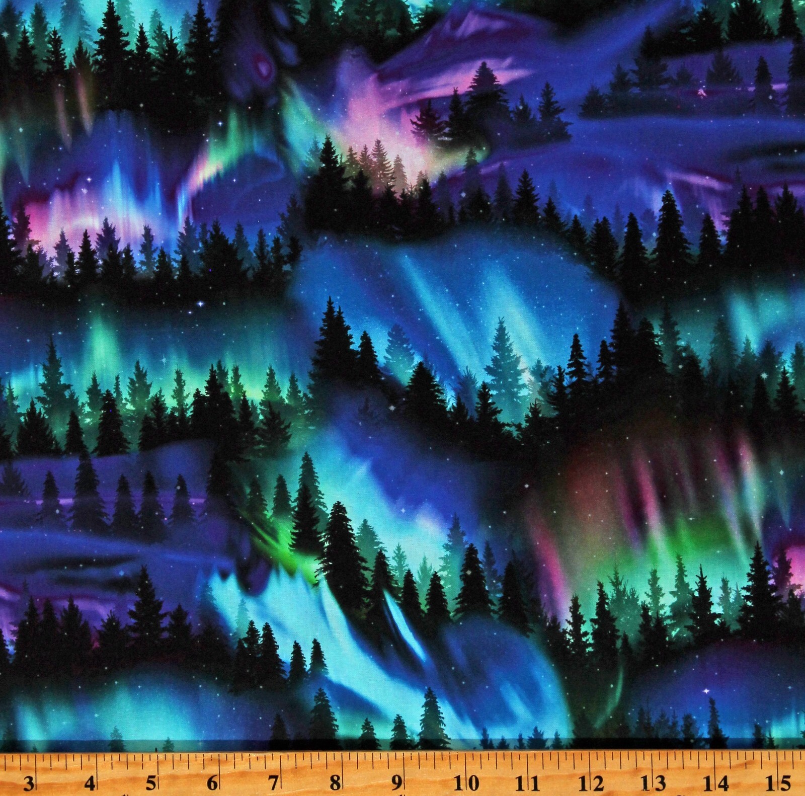 Cotton Northern Lights Trees Aurora Borealis Fabric Print by the Yard D476.69
