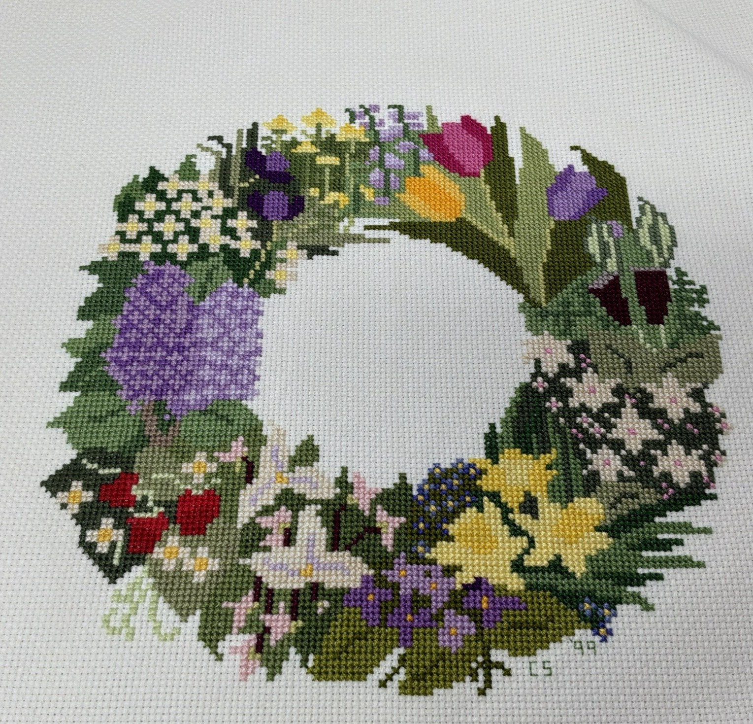 FINISHED Cross Stitched SPRING WREATH on 12.5 x 13″ Canvas