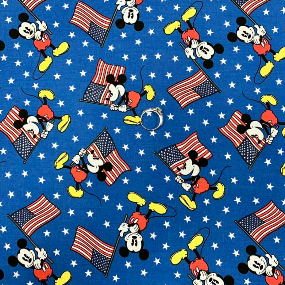 BonEFul Fabric FQ Cotton Quilt Blue Red White Disney American Flag Mickey Mouse