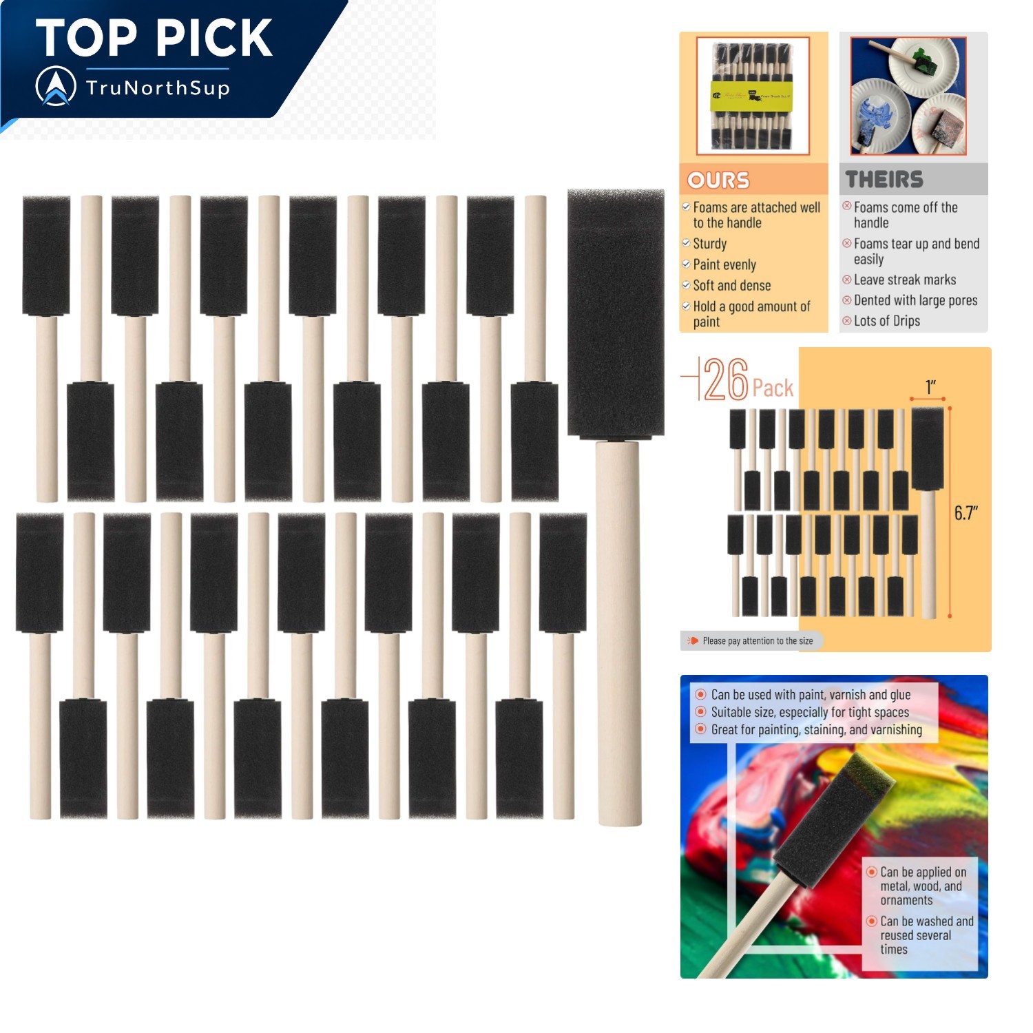 Bates Foam Paint Brushes 26 Pack 1 Inch Foam Brush Set for Crafts Painting Va…