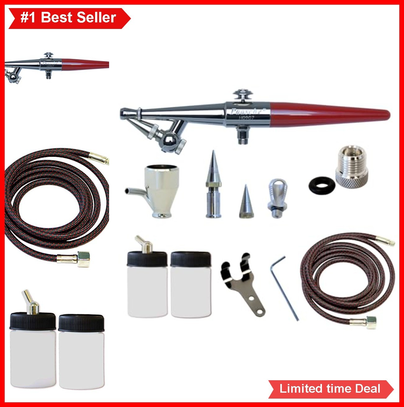 Airbrush Set Single Action Siphon Feed for Beginners 3 Head Sizes 6 Foot Hose