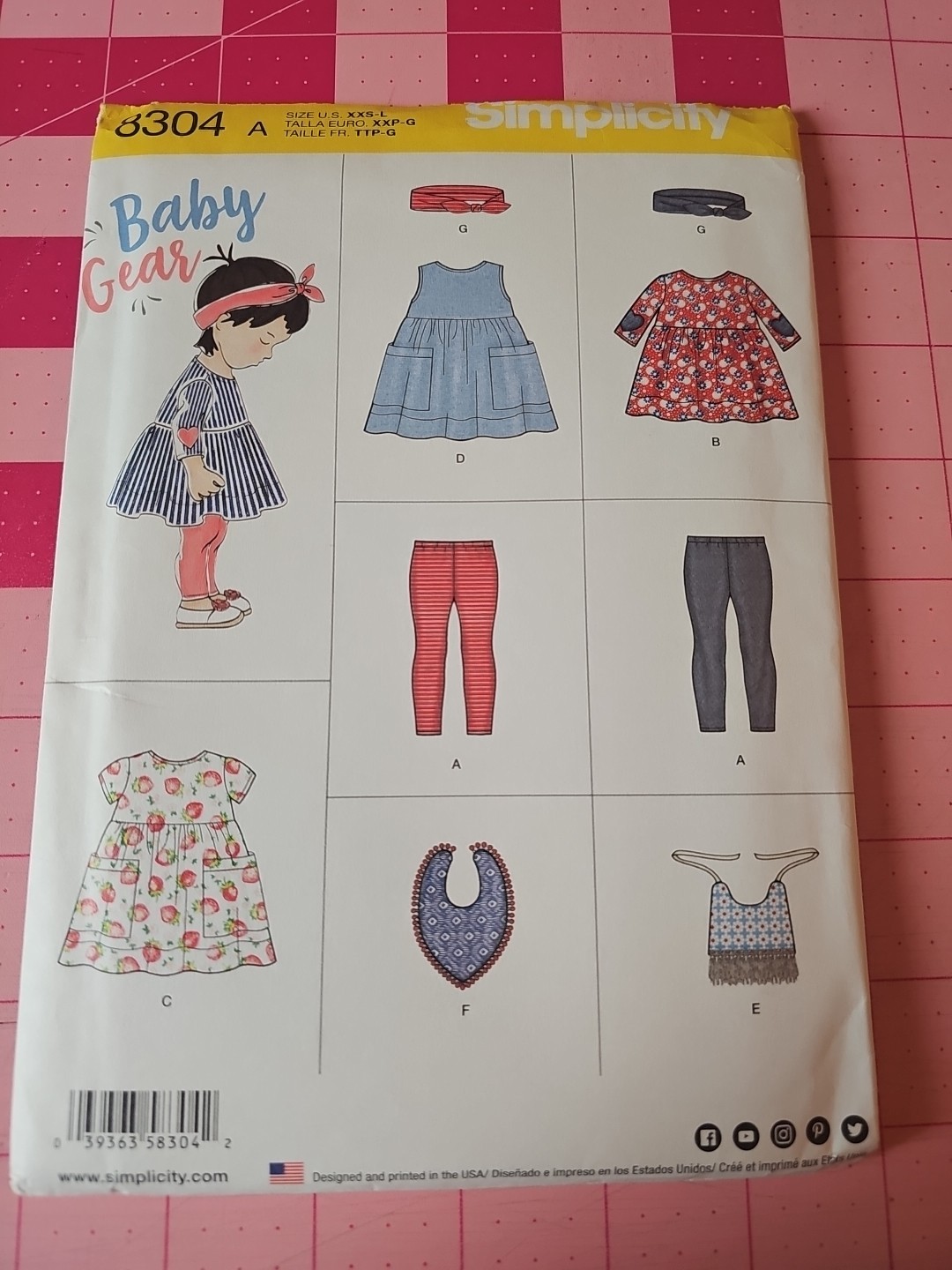 Simplicity Pattern 8304 Baby Leggings Bibs Dress Headband Sizes 0 to 18 mo. FF