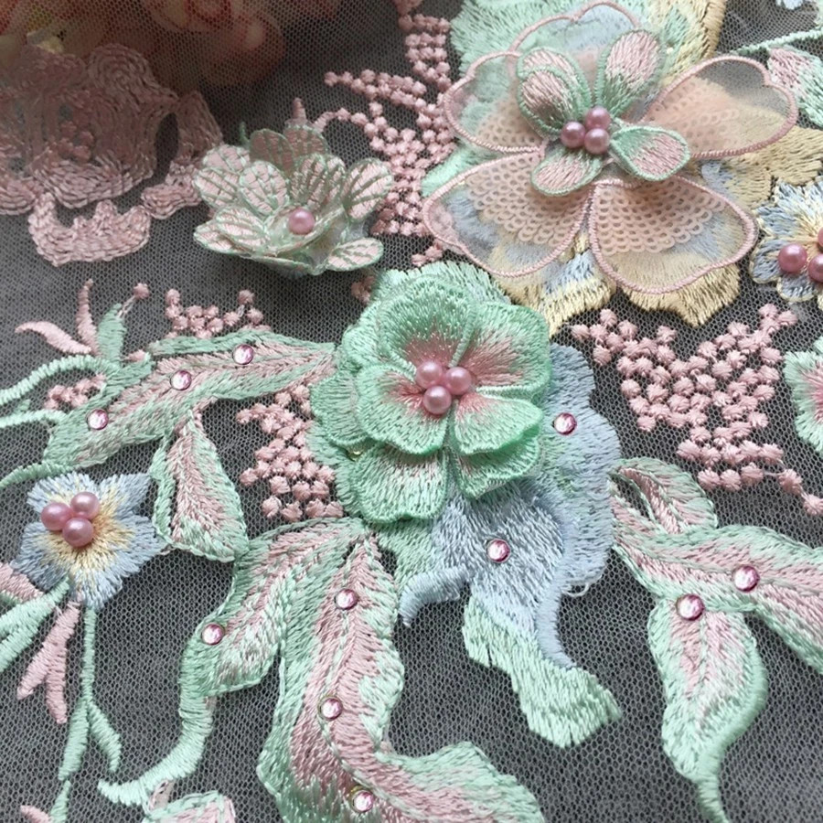 3D Flowers Beaded Lace Fabrics Applique Embroidery Sewing On Patches
