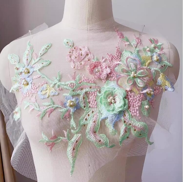 3D Flowers Beaded Lace Fabrics Applique Embroidery Sewing On Patches.